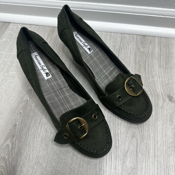 American Eagle Womens Y2K Wedge Loafers Shoes Sz 11 Green Buckle Preppy Academia - Picture 2 of 9